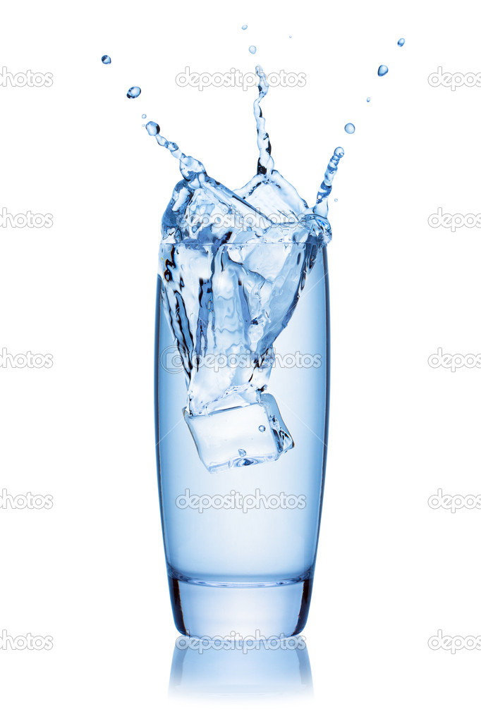 Ice cube splashing into a glass of water.