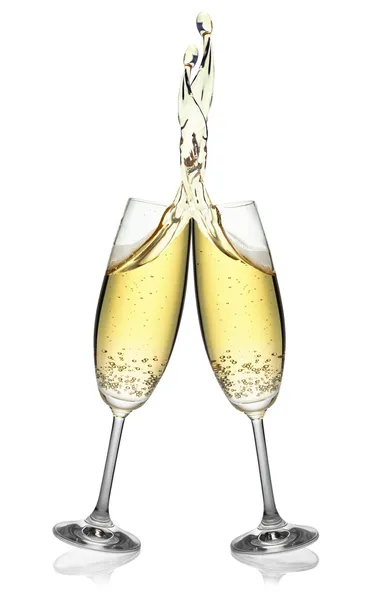 Şampanya zarif bir sıçrama yaparak flüt çifti. — Stok fotoğraf