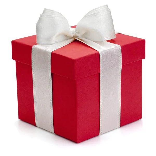 Red gift box with white ribbon and bow. — Stock Photo, Image