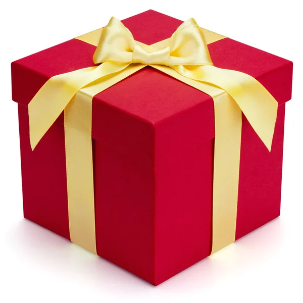 Caja de regalo roja con cinta amarilla y el arco. — Stok fotoğraf