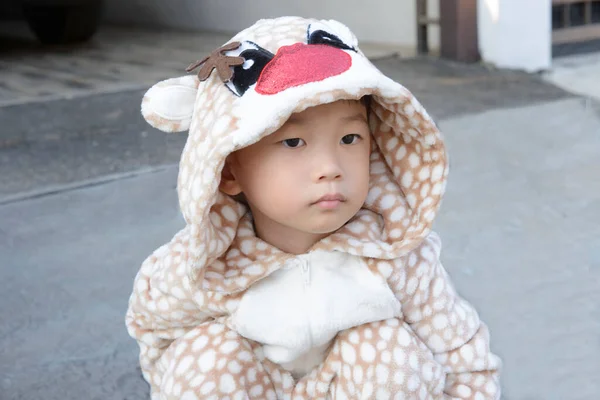 Cute Little Boy Wearing Fur Christmas Deer Costume — стоковое фото