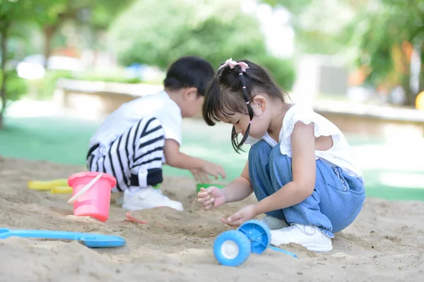 Children Playground Summer Park Little Boy Playing Sand Playground Healthy — Zdjęcie stockowe