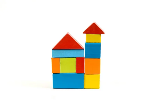 House Made Old Cubes Wooden Colorful Building Blocks Isolated White —  Fotos de Stock