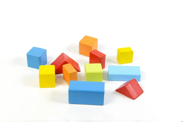 Different Colorful Shapes Wooden Blocks White Background Geometric Shapes Different —  Fotos de Stock