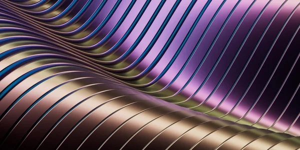 Abstrakter metallischer, mehrfarbiger Hintergrund. Reflektierende Oberfläche und Kurven. 3D-Darstellung. — Stockfoto