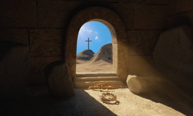 İsa Mesih 'in dirilişi. İncil hikayesi. Boş taş mezardan çıkan çıkış ışıkla dolu. Yere atılmış defne çelengi ve kefen. Dini Paskalya geçmişi. 3d illüstrasyon.