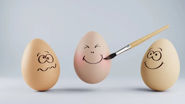 Ostern Minimalistisches Konzept Eier Mit Lustigen Gesichtern Und Einem Pinsel lizenzfreie Stockfotos