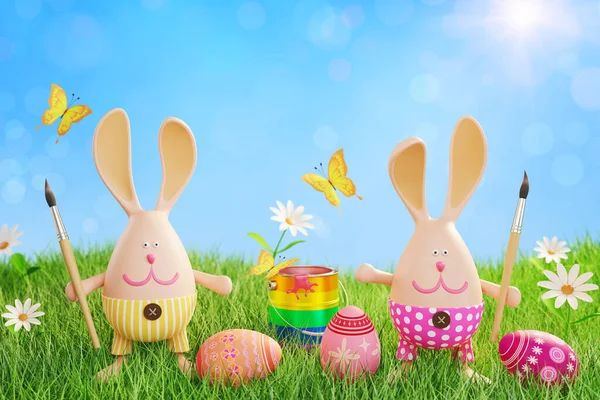 Easter Bunnies Brushes Can Paint Flower Meadow Easter Card Render Stock Image