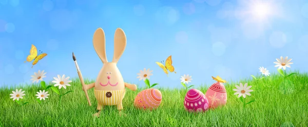 Easter Bunny Paintbrush Sunny Lawn Flower Meadow Easter Eggs Easter Stock Picture