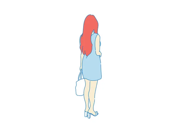 Beautiful Woman Cute Girl Standing Backside View Person Vector — Stock Vector