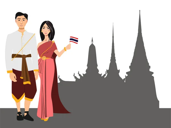 Chica Los Hombres Jóvenes Vestido Nacional Tailandia — Vector de stock