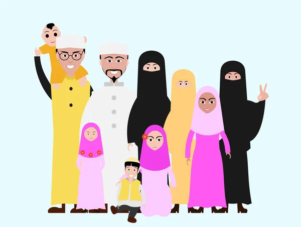 Moslim Familie Cartoon Afbeelding Islamitische Kledij — Stockvector