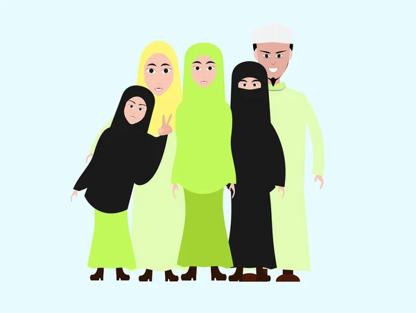Famiglia Musulmana Immagine Dei Cartoni Animati Abbigliamento Islamico — Vettoriale Stock