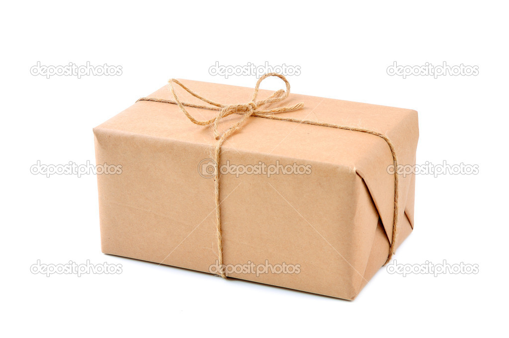 Cardboard carton wrapped with brown paper and cord
