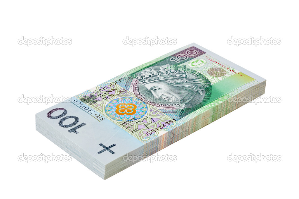 Pack of Polish Zloty bills on white