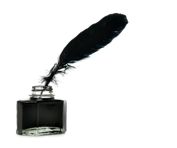 Feather and ink bottle isolated — Stock Photo, Image