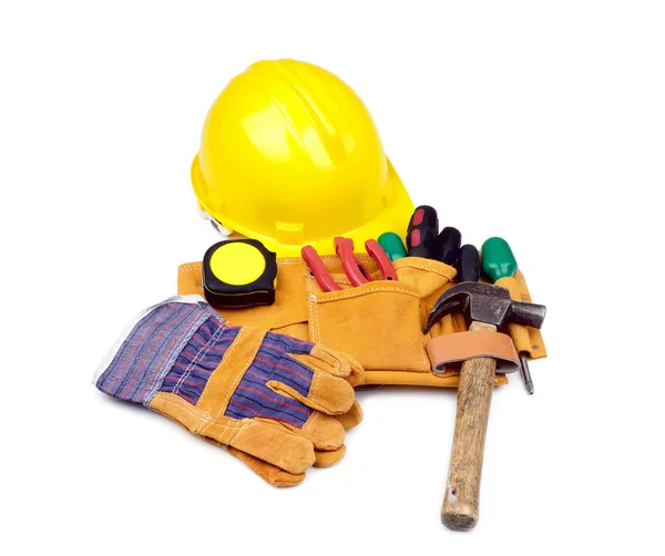 Tool belt with hardhat and gloves — Stock Photo, Image