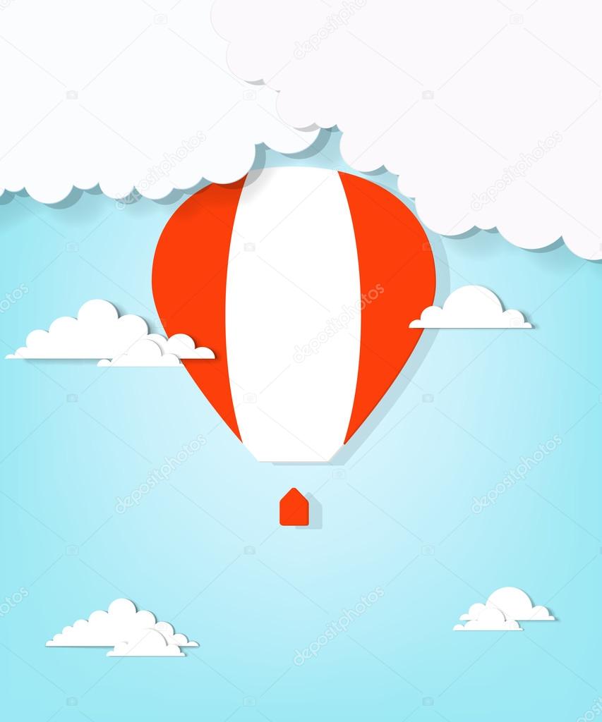 Red hot air balloon and clouds