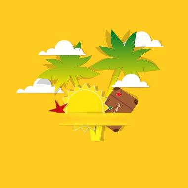 Kağıt palmiye ağaçları, güneşin ve bulutların posteri