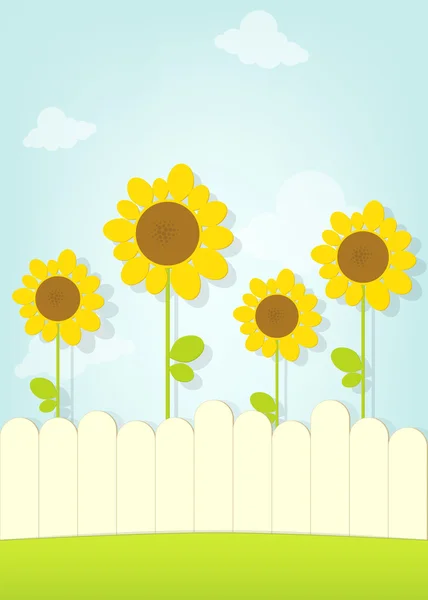 Zonnebloemen achter hek — Stockvector