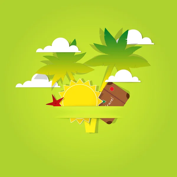 Kağıt palmiye ağaçları, güneşin ve bulutların posteri — Stok Vektör