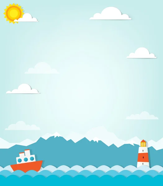 Barco sobre un fondo de montañas — Vector de stock