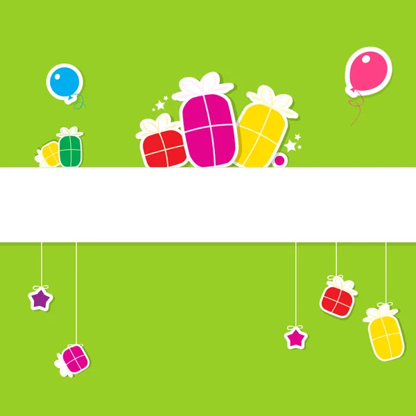 Születésnap kártya ajándék dobozok és hőlégballon — Stock Vector