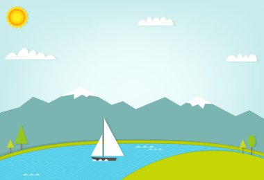 Denizde dağlar arka plan üzerinde tekne