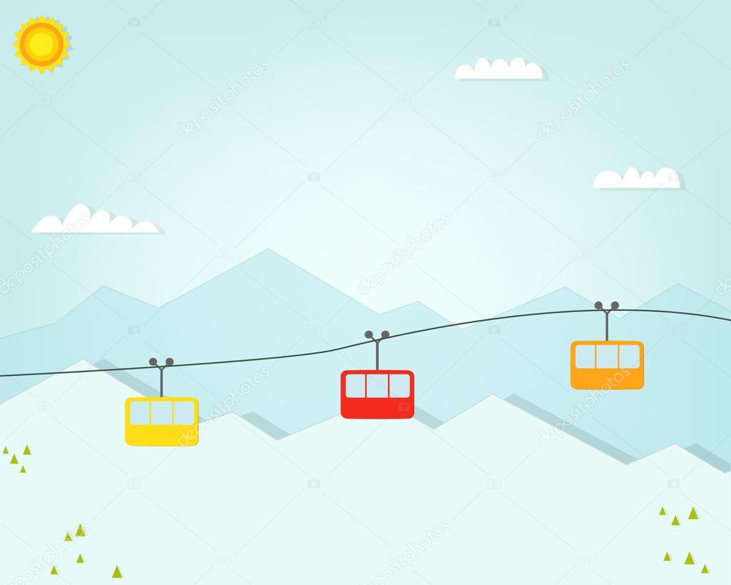 Group of cable car cabins in mountains