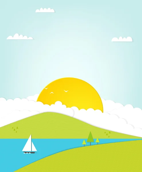 Ilustración de vela con barco, mar, aves y amanecer — Vector de stock