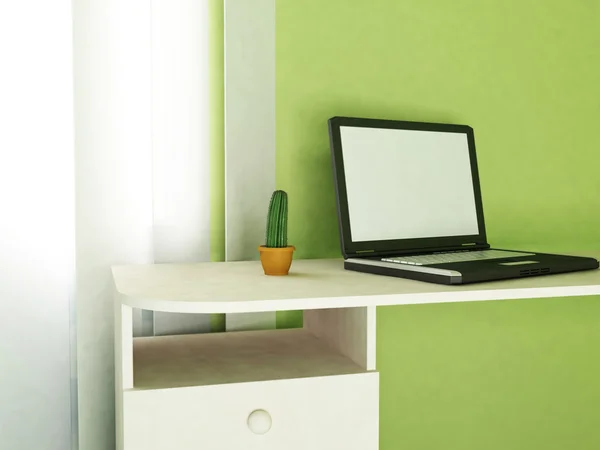 Laptop and cactus on a table — Stock Photo, Image