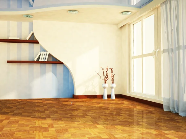 Ein schönes Zimmer mit großem Fenster, Vasen, Regalen, — Stockfoto