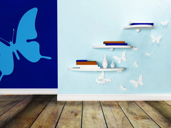 Shelves and the interesting decor with many butterflies — Stock Photo, Image