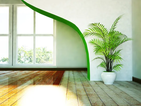 Ein großes Fenster und eine Vase mit einer Pflanze — Stockfoto