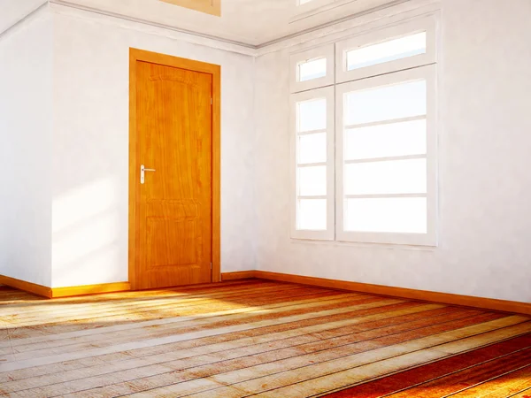 Quarto vazio com um dormitório de madeira e uma janela — Fotografia de Stock