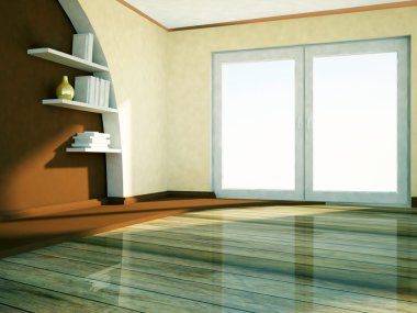 büyük pencere ve kitap rafları