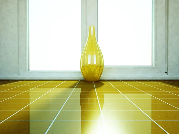 Vaso dourado está de pé perto da janela — Fotografia de Stock