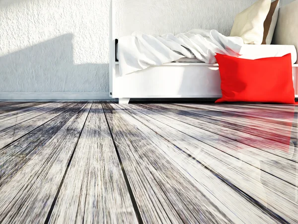 White bed on the wooden floor — Stock Photo, Image