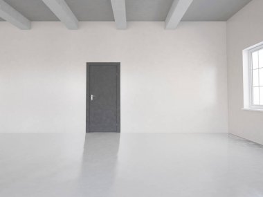 Penceresi ve kapısı olan boş oda, 3D görüntüleme