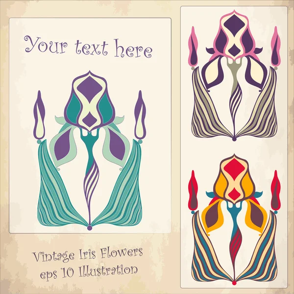 Vintage kart iris çiçeği ile dekoratif seti — Stok Vektör