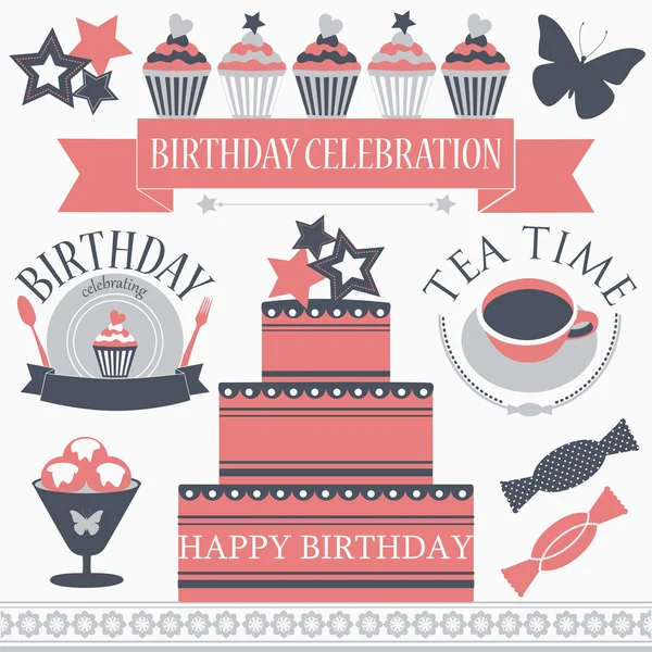 Conjunto de iconos de cumpleaños en colores retro . — Vector de stock