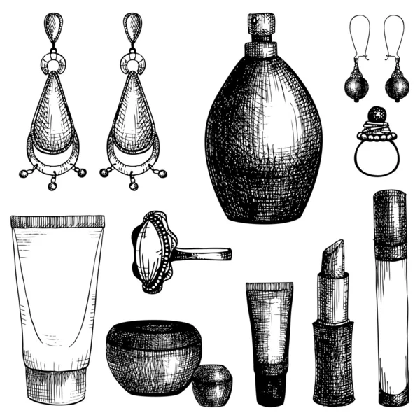 Produits cosmétiques et bijoux noirs — Image vectorielle