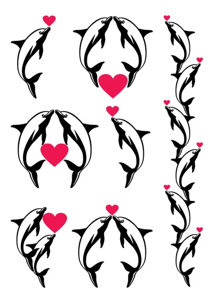 Black dolphins with red hearts for valentine day. — Stock Vector