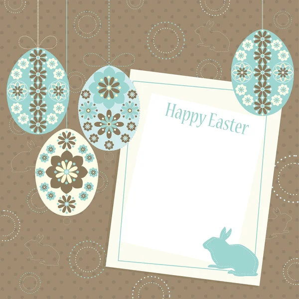 Decorative card design with ornamental eggs and spotted easter hares. — Stock Vector