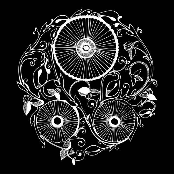 Ornement de fleurs blanc artistique isolé sur noir — Image vectorielle