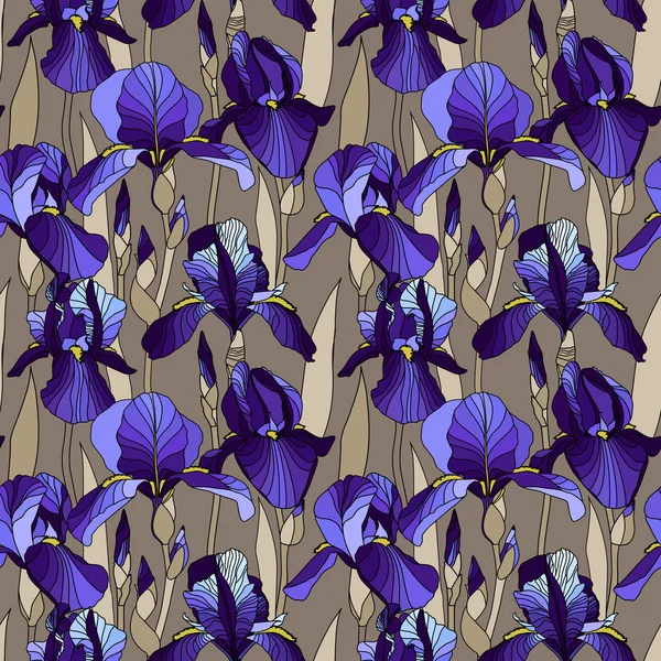Pola dengan bunga iris ungu dekoratif dalam warna retro - Stok Vektor