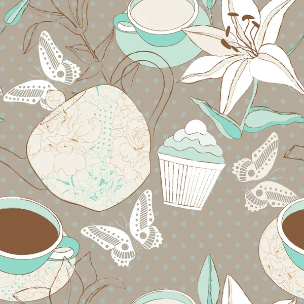 Fond sans couture - heure du thé dans des couleurs rétro . — Image vectorielle