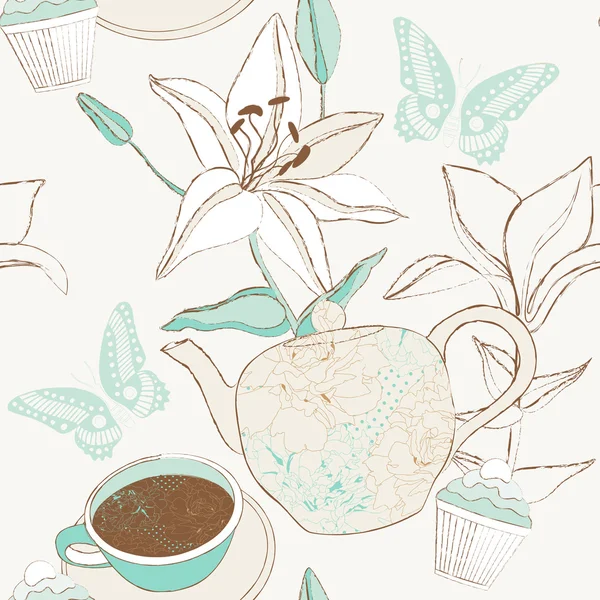 컵, 주전자 및 백합 꽃으로 섬세 한 패턴. — 스톡 벡터