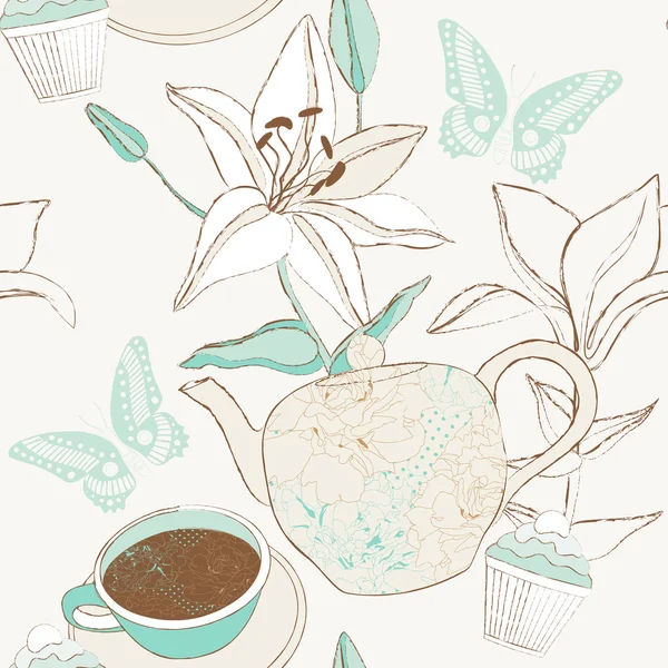 Modèle délicat avec tasse, théière et fleurs de lis . — Image vectorielle