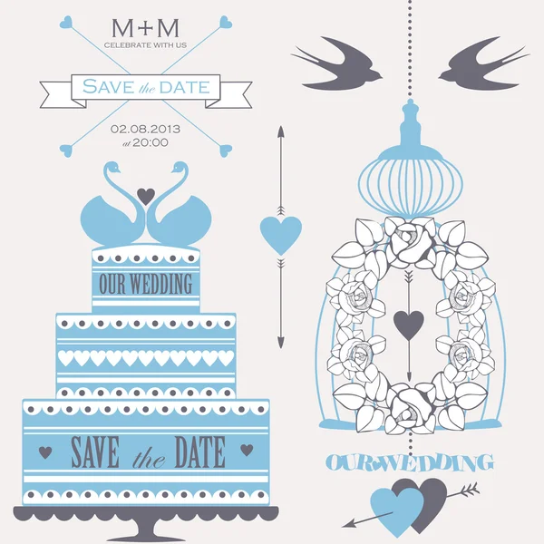 Gâteau de mariage décoratif, roses, cage et oiseaux . — Image vectorielle